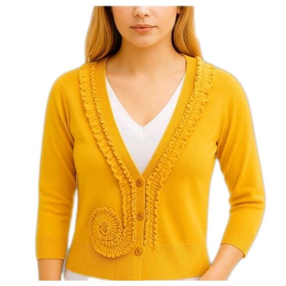 Anthropologie SPARROW Cardigan Sweater Marigold Yellow Ruffle Size XS Romantic - Picture 2 of 10